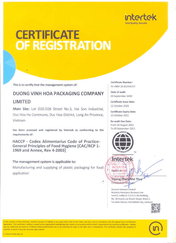 HACCP Certificate dvhpackaging.com